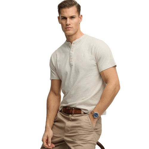 Superdry Men's Classic Cotton Lin Short Sleeve Grandad - Natural Ecru