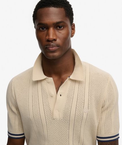 Superdry Men's Knitted Texture Short Sleeve Polo - Oatmeal Beige
