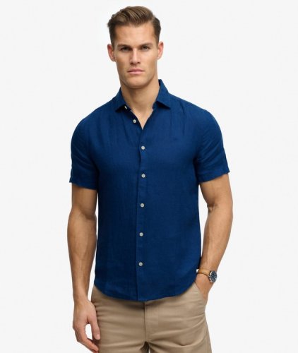 Superdry Men's Riviera Short Sleeve Linen Shirt - French Blue