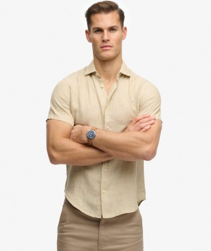 Superdry Men's Riviera Short Sleeve Linen Shirt - Tan Chambray