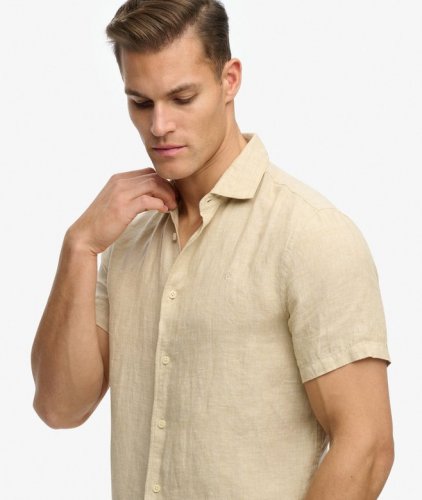 Superdry Men's Riviera Short Sleeve Linen Shirt - Tan Chambray