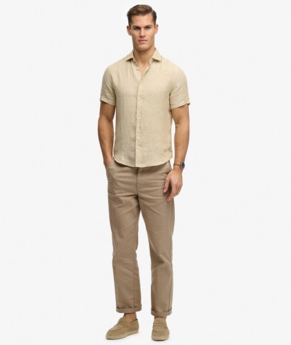 Superdry Men's Riviera Short Sleeve Linen Shirt - Tan Chambray