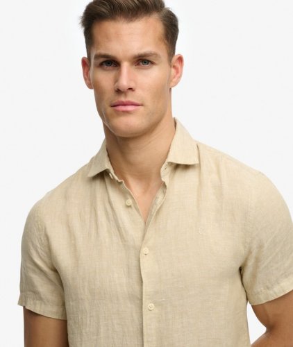 Superdry Men's Riviera Short Sleeve Linen Shirt - Tan Chambray
