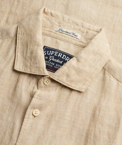Superdry Men's Riviera Short Sleeve Linen Shirt - Tan Chambray